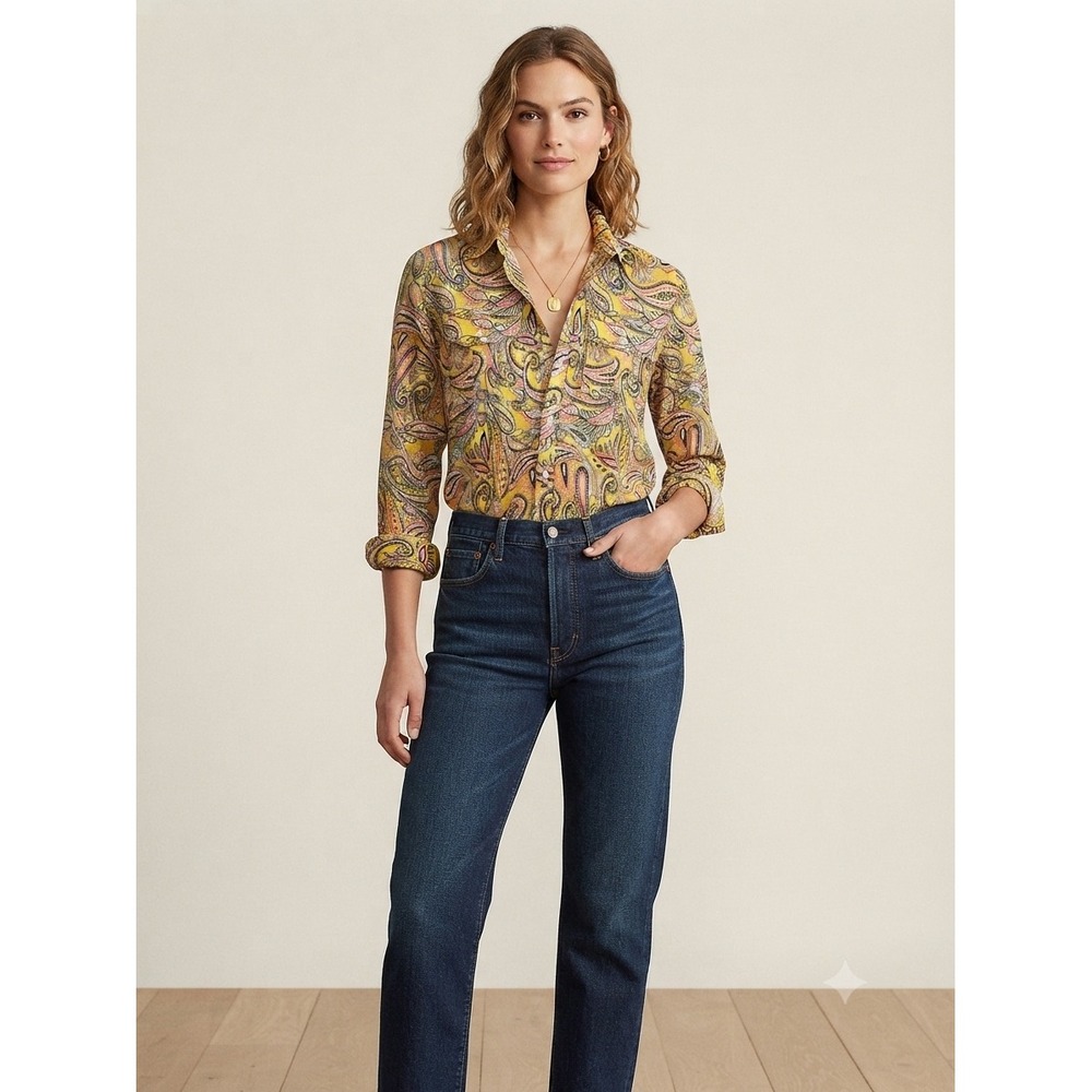 Lauren‎ Ralph Lauren Button Down Women L Yellow Excellent Paisley Cotton Shirt